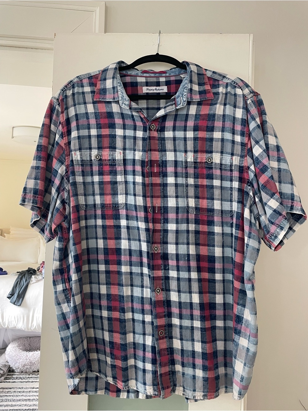 Tommy Bahama Short-Sleeve Plaid Button-Down - Navy, Red & White